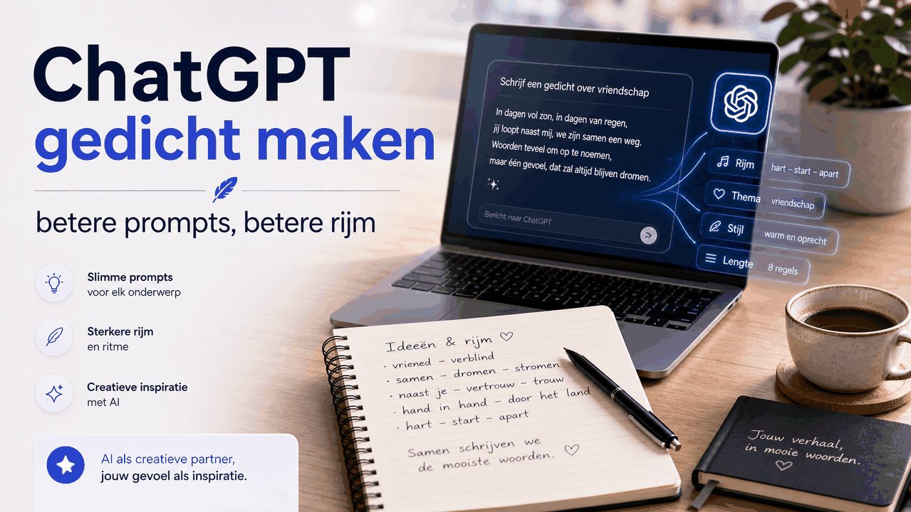 Handgeschreven gedicht op papier naast een pen en een kop koffie