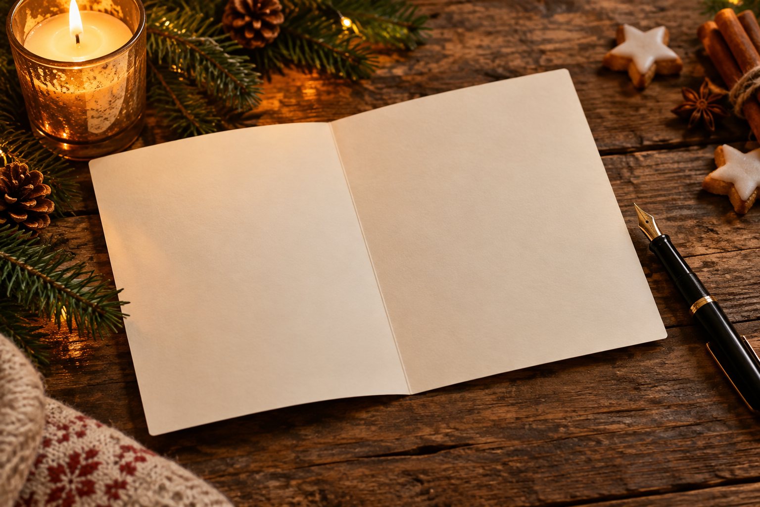 Open kerstkaart met een korte handgeschreven kerstregel, naast een pen en kaarslicht