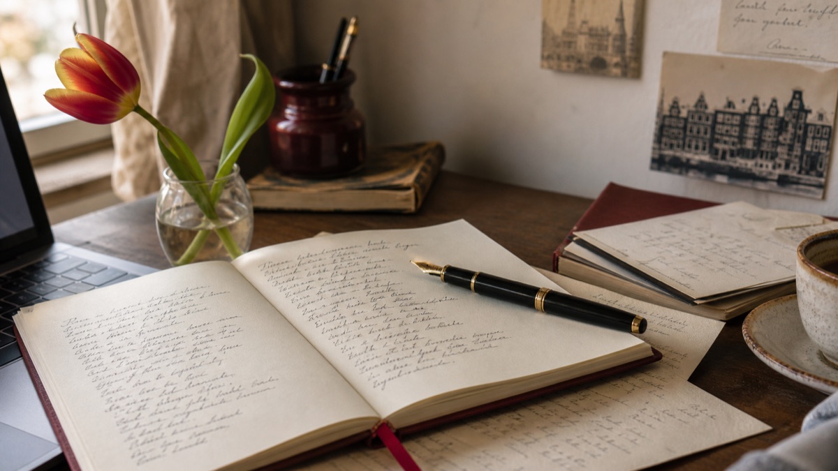 Notitieboek, pen en laptop als beeld voor een persoonlijk AI-gedicht schrijven