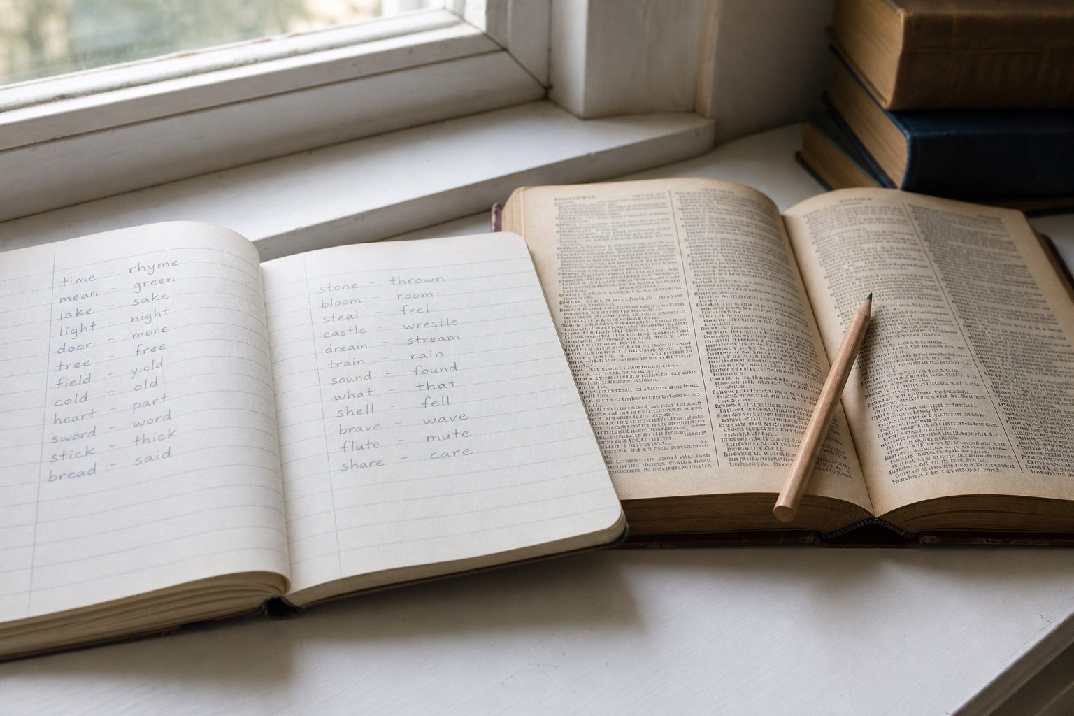 Notitieboek met handgeschreven rijmparen naast een opengeslagen woordenboek en een houten potlood bij daglicht, als beeld voor het zoeken van natuurlijke eindklanken
