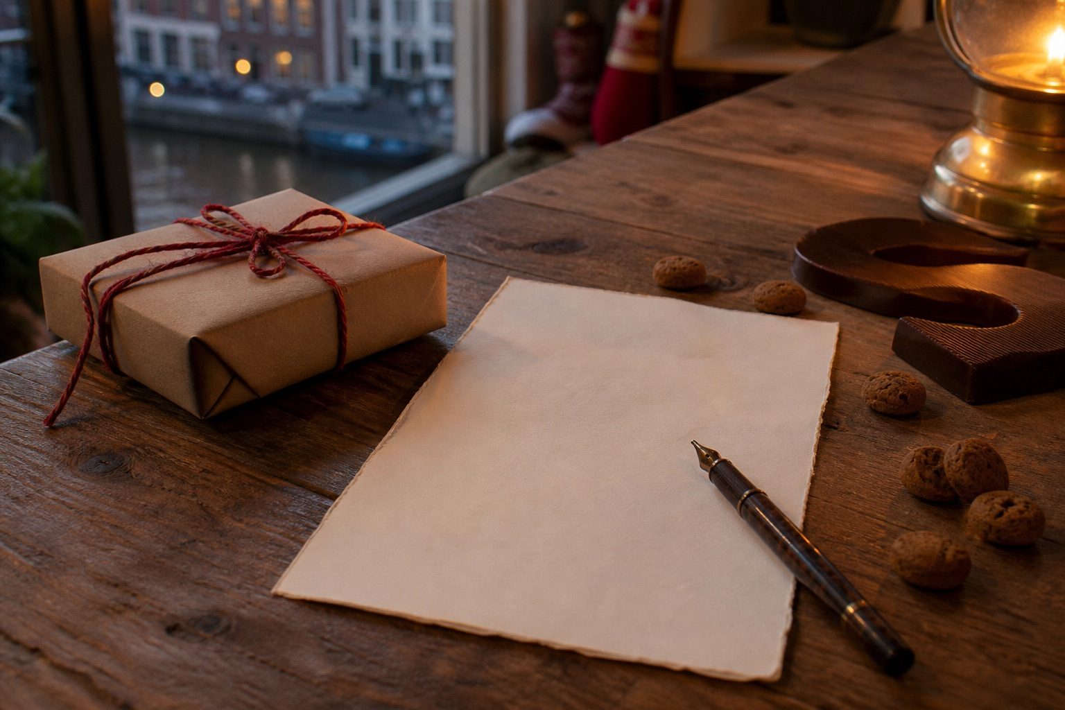 Blanco papier met vulpen naast een ingepakt cadeau met rood touw, een chocoladeletter en pepernoten bij lamplicht, als beeld voor een grappig sinterklaasgedicht schrijven