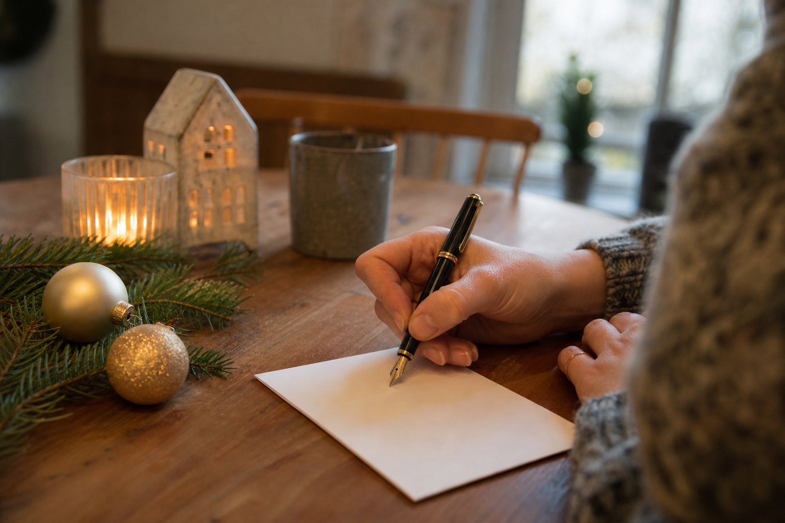 Hand schrijft met een vulpen op een blanco kerstkaart aan een houten tafel met dennentakken, kerstballen en kaarslicht