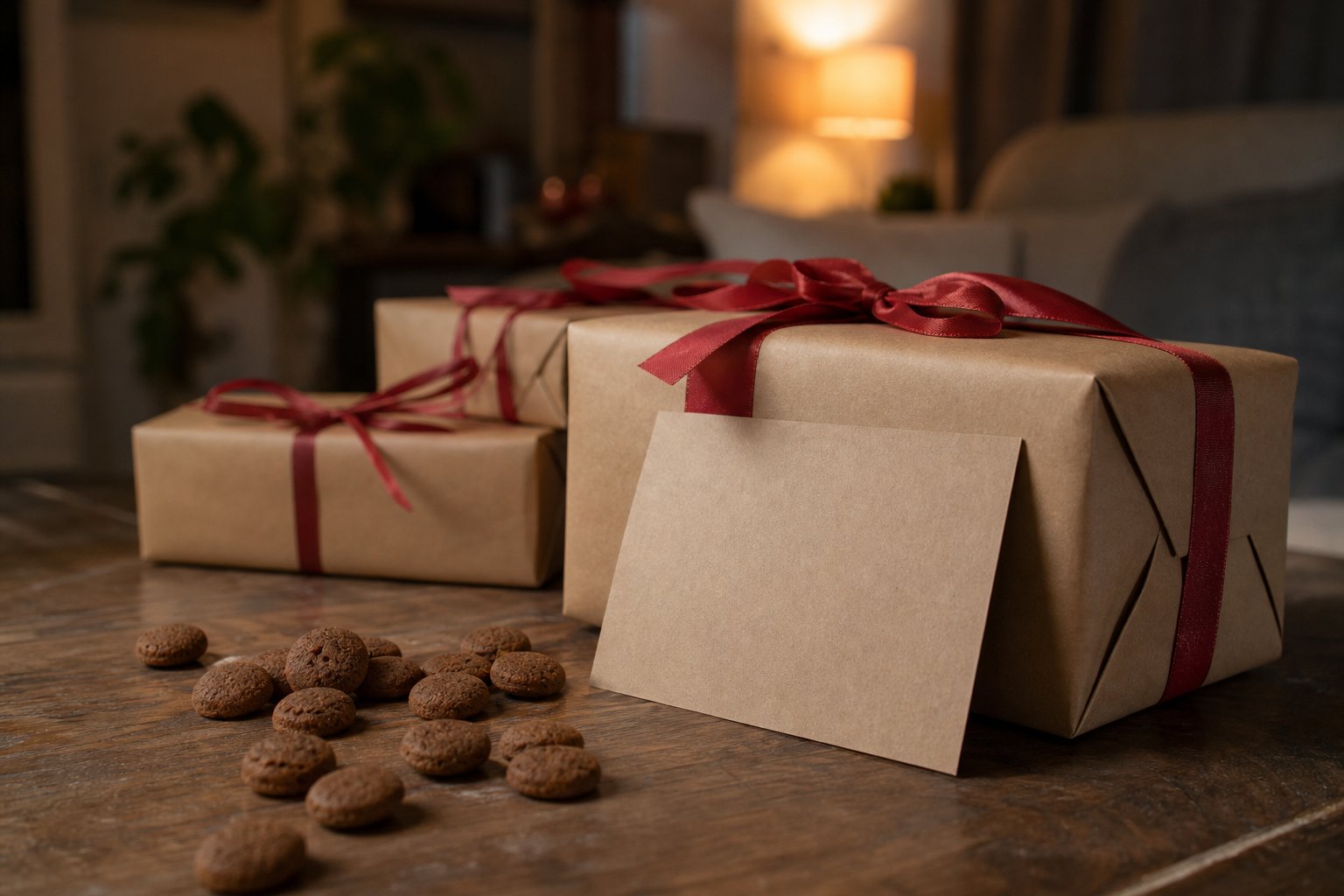 Pakjesavond: cadeaus in kraftpapier met rood lint, een blanco gedichtkaart tegen een pakje en pepernoten op een houten tafel