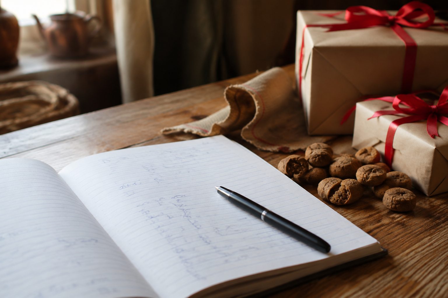 Opengeslagen notitieboek met vervaagde handgeschreven rijmregels en een pen, naast pepernoten, een jutezak en cadeaus in kraftpapier met rood lint, als beeld voor het zoeken van sinterklaasrijm
