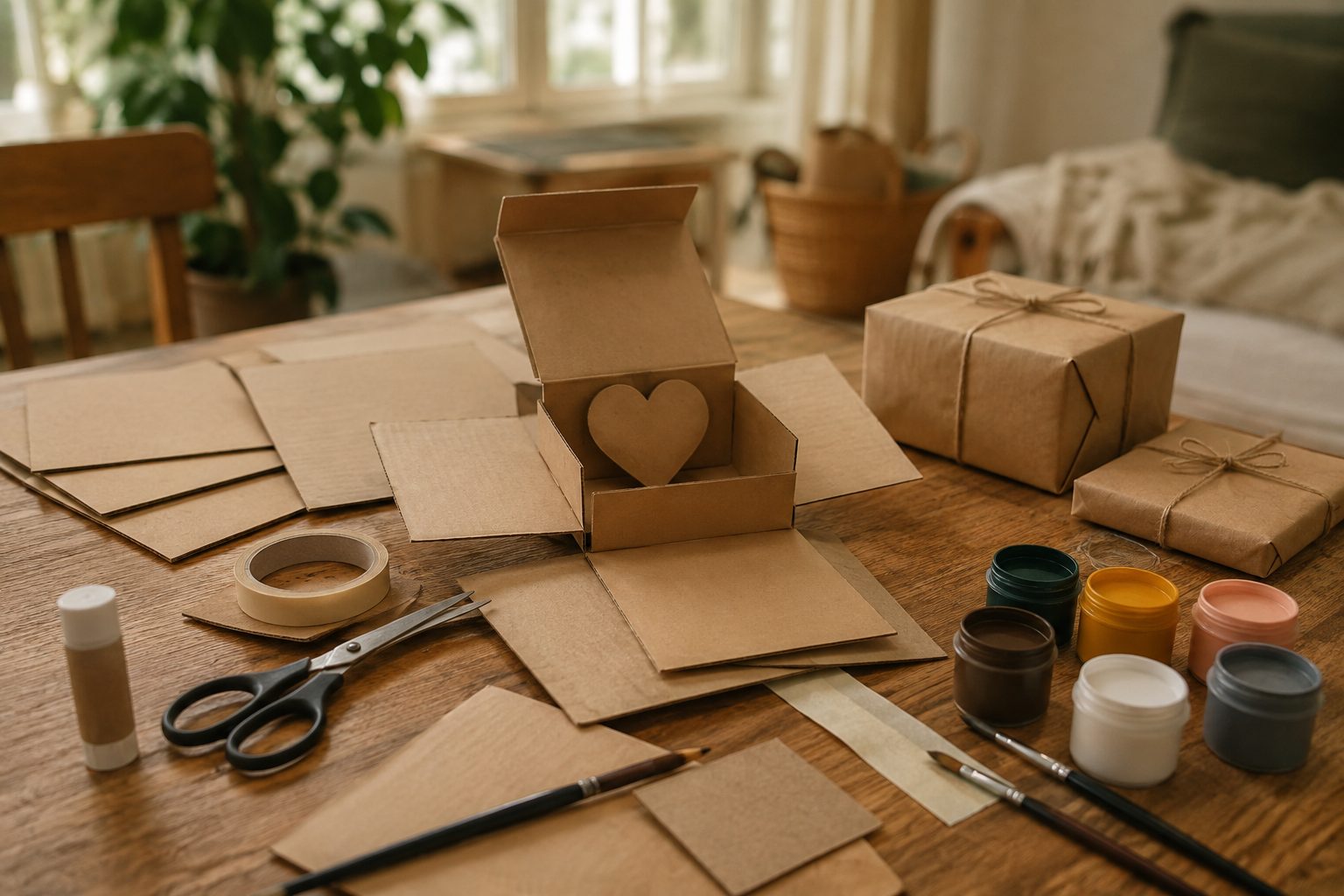 Halfafgemaakte kartonnen surprise op een houten tafel met schaar, lijmstift, plakband, verfpotjes en penselen, naast twee cadeaus in kraftpapier, als beeld voor een surprisegedicht maken