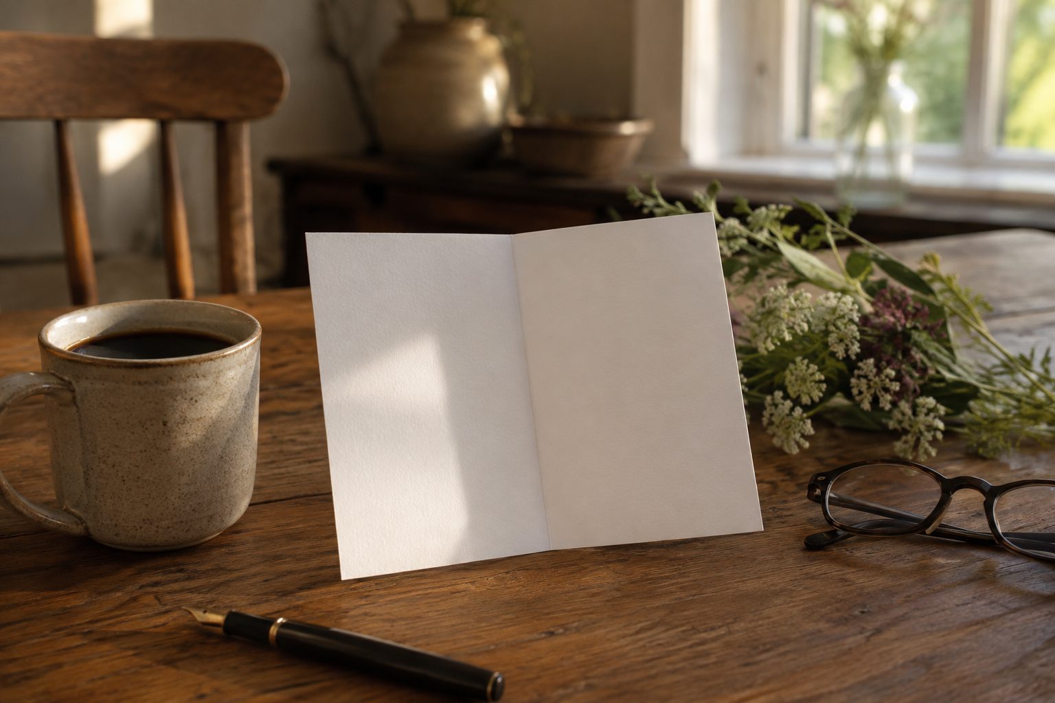 Blanco opengeslagen kaart rechtop op een houten tafel, met een vulpen, een mok zwarte koffie, een leesbril en een bosje veldbloemen, als beeld voor een vaderdaggedicht schrijven