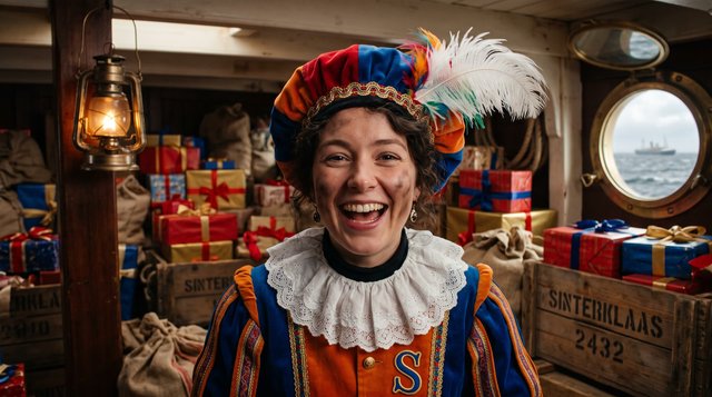 Een Piet in het ruim van de stoomboot tussen torens van pakjes