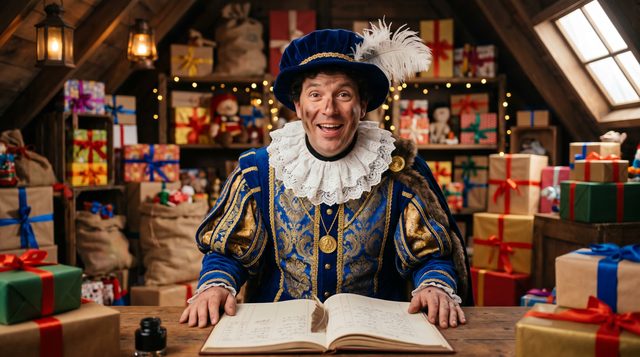 De Hoofdpiet tussen stapels pakjes