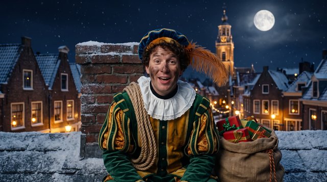De Klimpiet op een dak naast de schoorsteen