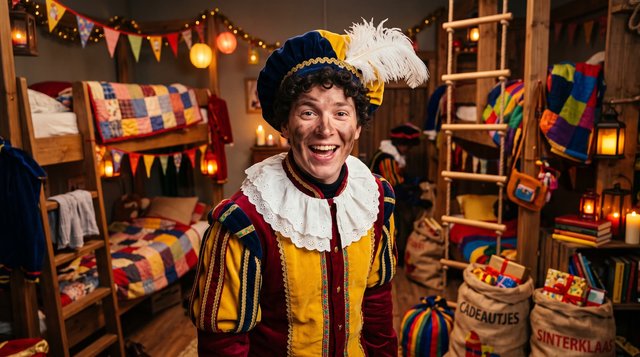 Een Piet in het Pietenhuis tussen stapelbedden en hangmatten