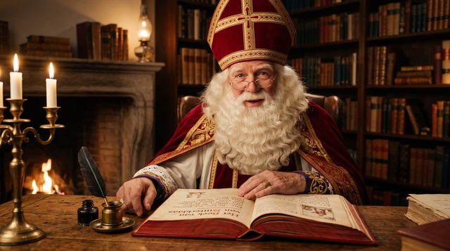 Sinterklaas aan zijn bureau met Het Grote Boek, bij kaarslicht