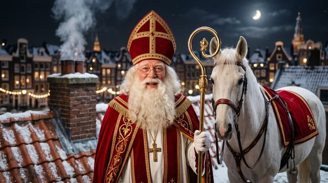 Sint op een besneeuwd dak naast zijn witte paard