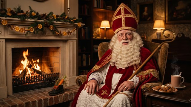 Sint in een leunstoel bij de haard, met een schoen bij de kachel