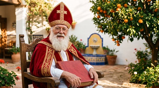 Sint in de zon op een binnenplaats in Spanje, bij een sinaasappelboom