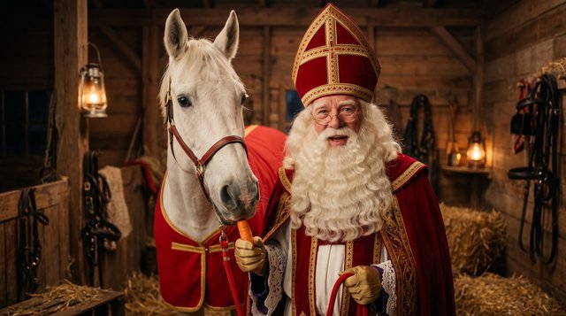 Sint in de stal naast zijn witte paard