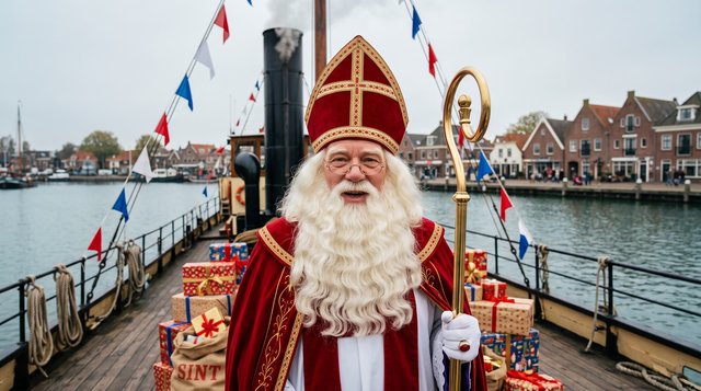 Sint op het dek van de stoomboot tussen de pakjes